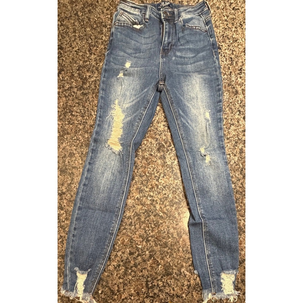 Wax Jean Los Angeles Distressed Skinny Jeans Medium Wash High Rise Ripped Hem 24